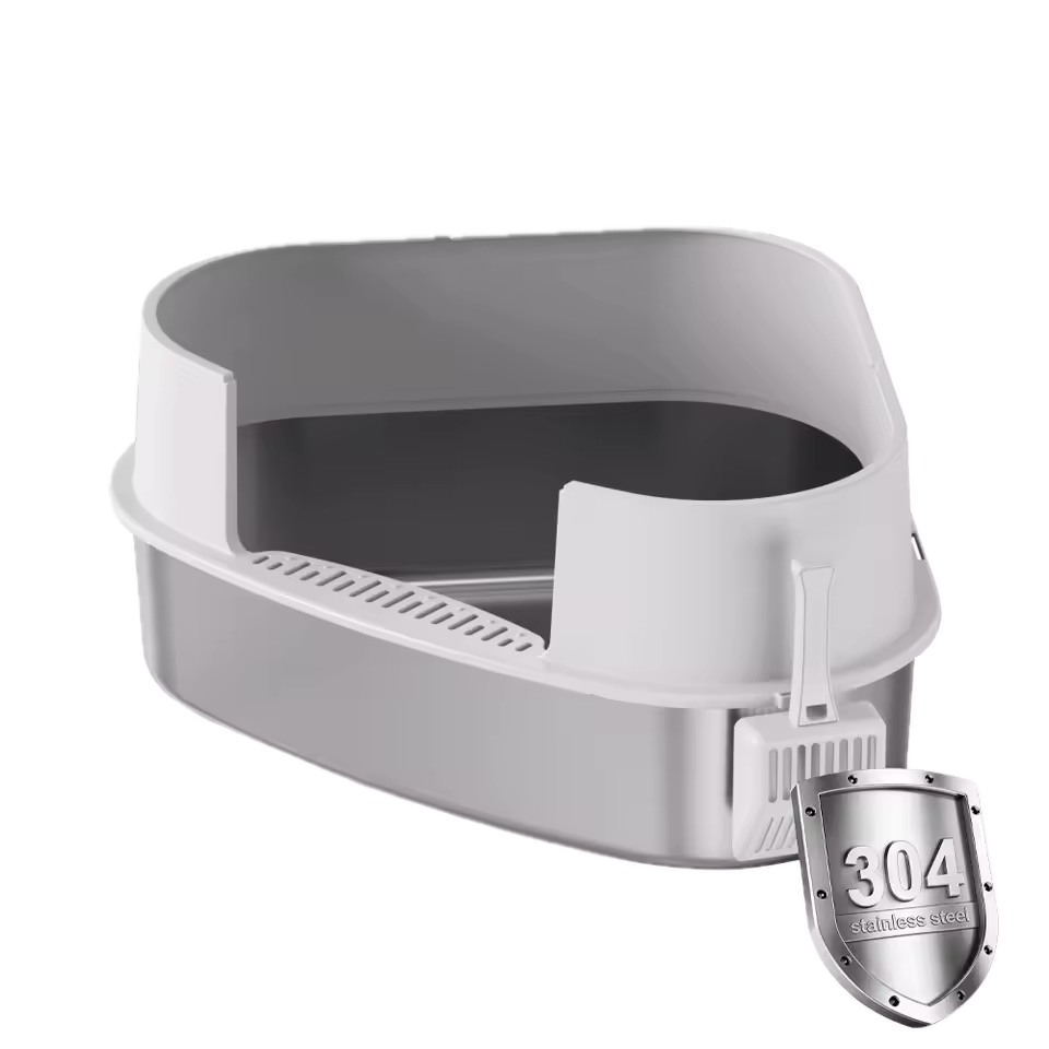 Triangular Stainless Steel Litter Box with Raised Sides Easy Clean Spacious Interior Eco-Friendly Large Capacity for Cats